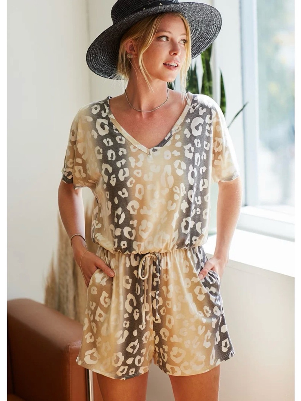 Bibi Beige & Gray Leopard Print V-Neck Romper